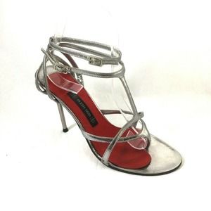 Plein Sud Strappy Sandal Silver Metallic Leather Thong Toe Slim Heel